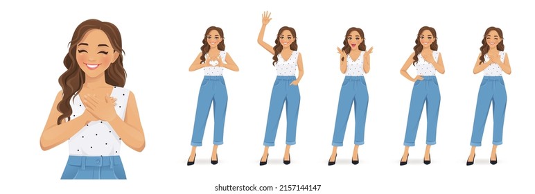 Young woman with curly hairstyle showing positive emotions with different gestures set. Isolated vector ilustration set.