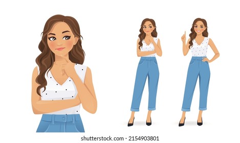 Mujer joven con un pensamiento de corte de pelo rizado mirando hacia afuera y haciendo que la idea apunte aislado en la ilustración vectorial de fondo blanco