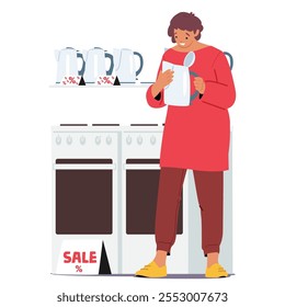 Young woman customer cartoon character selecting electric kettle observing sale offer at electronics shop vector illustration. Teapot home appliance selling with discount on showroom display