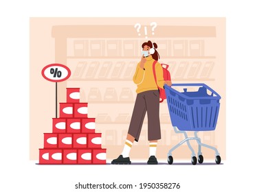 Young Woman Customer Character Wearing Face Mask Visit Grocery or Supermarket Choose Goods near Shopping Trolley. Girl Choose Products for Purchase near Stall with Food. Cartoon Vector Illustration