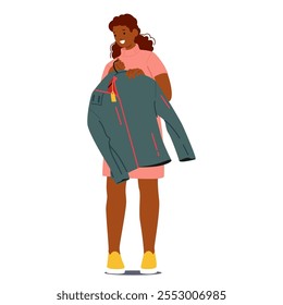 Cliente de mujer joven personaje de dibujos animados aislado que sostiene la nueva chaqueta deportiva en perchas listas para pagar las compras. Ropa femenina boutique cliente de compras de ropa para la Ilustración vectorial de Clima frío