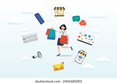 Young woman customer with shopping bags buying from multi channel store, website, mobile and other chat and call center, omni channel marketing, multi channel for customer to buy products (Vector)