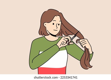 Young woman cut hair support Iranian women. Decisive female stand together with iran feminist and activist. Equality and feminist rights. Vector illustration. 