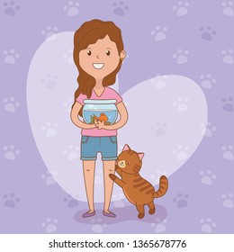 young woman with cute cat and fish