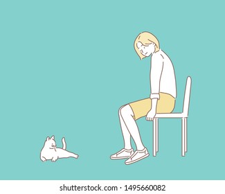 Young woman with cute cat at home. Pet and owner. Hand drawn style vector design illustrations.