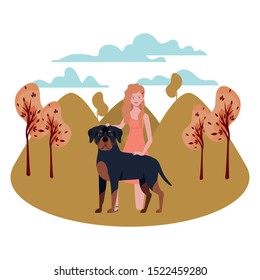 young woman with cute dog in the field vector illustration design