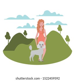 young woman with cute dog in the field vector illustration design