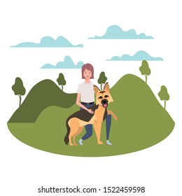 young woman with cute dog in the field vector illustration design