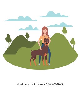 young woman with cute dog in the field vector illustration design