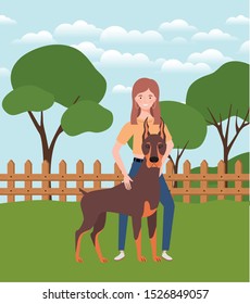young woman with cute dog in the field vector illustration design