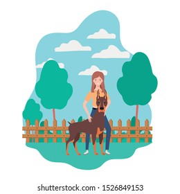 young woman with cute dog in the field vector illustration design