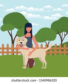 young woman with cute dog in the field vector illustration design