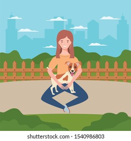young woman with cute dog in the field vector illustration design