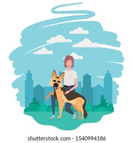 young woman with cute dog in the field vector illustration design