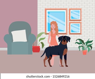 young woman with cute dog in the house room vector illustration design