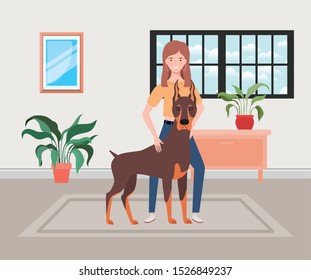 young woman with cute dog in the house room vector illustration design