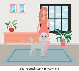 young woman with cute dog in the house room vector illustration design