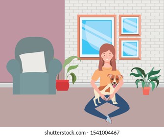 young woman with cute dog in the living room vector illustration design