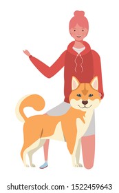 young woman with cute dog mascot characters vector illustration design