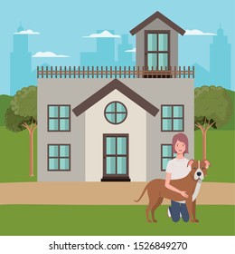 young woman with cute dog outdoor of house vector illustration design