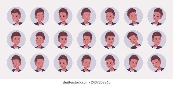 Junge Frau, süße weibliche Avatar nettes Portrait-Set, verblassen Haarschnitt Aussehen Bündel. Verschiedene Gefühle, starke Emotionen Gesicht Icons, Spieler Charakter Stimmung Pic Kreise, Eindruck. Vektorgrafik