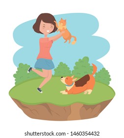 young woman with cute little dog and cat mascots in the field