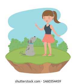young woman with cute little dog mascot in the field