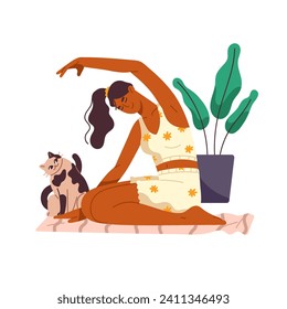 Young woman in cute pajama stretching, does yoga training. Happy girl workouts with funny cat at home. Female practices breathing exercises, meditates. Flat isolated vector illustration on white