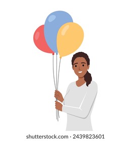 Young woman in a Cute Sunday Dress Holding on to a Group of Balloons Tied Together. Flat vector illustration isolated on white background