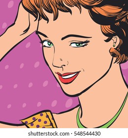 A young woman. Cute woman thinking about something. Cute pin-up girl. Woman portrait. Red lips. Feelings. Concept idea of advertisement and promo. Pop art retro style illustration. Halftone background