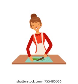 Young woman cutting greenery, housewife girl cooking food in the kitchen flat vector Illustration