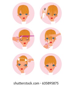 Young woman cutting her own bang. step by step set vector illustrations.