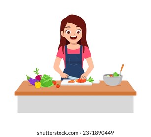 young woman cutting vegetables for cooking salad