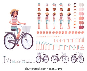 Young woman cycling city bike, summer vacation, fixing tools. Full length, different views, emotions, gestures, white background. Build your own design. Cartoon flat-style infographic illustration