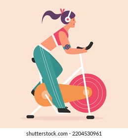 Young Woman Cycling On Stationary Bike In Gym Of Sport Club Or Home Vector Illustration. Cartoon Girl Training On Bicycle, Indoor Workout Of Person Background. Physical Exercises, Activity Concept