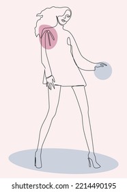 A young woman dances, moves to the music at a party. Simple linear freehand illustration.