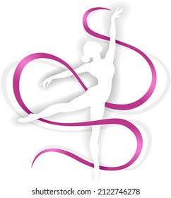 Young woman is dancing. Ballerina in dance. Artistic gymnast performs at the competition. Dance with a pink ribbon.Character origami silhouette.Craft paper cut art illustration.