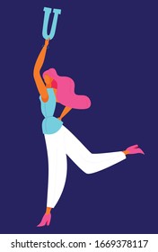 Young woman dancing with english capital letter U. Flat character in casual clothes