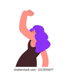 Mujer joven bailando, disfrutando de la música. Feliz baile de chica con placer en movimiento con el brazo levantado. Carácter femenino elegante en acción, movimiento. Ilustración vectorial plana aislada en fondo blanco