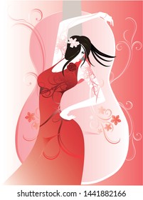 A young woman is dancing flamenco. The background is a guitar and flower.