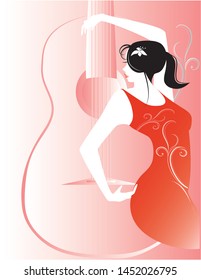 A young woman is dancing flamenco dance. The background is a guitar image.