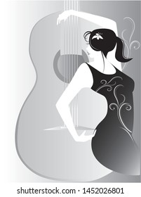 A young woman is dancing flamenco dance. The background is a guitar image.