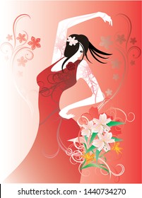 A young woman is dancing flamenco. The flowers on the background are lilly  flowers.