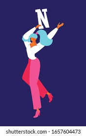 Young woman dancing with flat letter N. English capital alphabet element. Happy character in active pose 