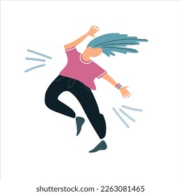 Young woman dancing, jumping from joy, having fun. Vector illustration in flat style. Isolated on white background