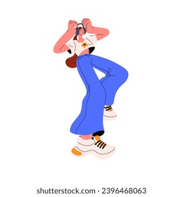 Young woman dancing, listening to song in headphones. Happy girl hearing radio in earphones on the go, walking with mp3 player. People funny move with music. Flat isolated vector illustration on white