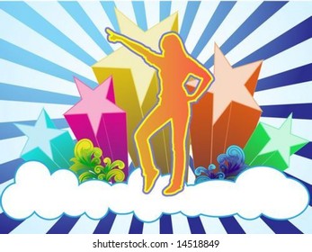Young woman dancing on the cloud, with stars behind her