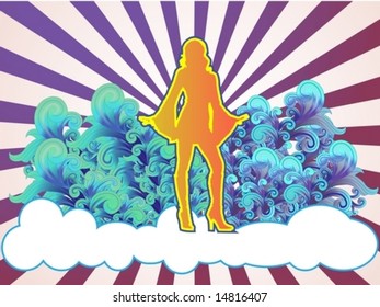 Young woman dancing on a cloud, with leafs behind her