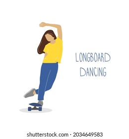 Young woman dancing on longboard. Girl riding on longboard in the city street. Hand-drawn vector illustration in flat style