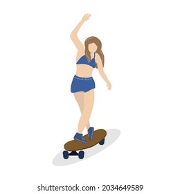 Young woman dancing on longboard. Girl riding on longboard in the city street. Hand-drawn vector illustration in flat style